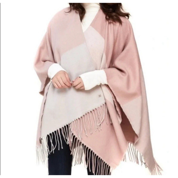 Soia & Kyo Woven Scarfigan Wrap Shawl Poncho One Size Ivory Mauve Fringe Cozy - Picture 5 of 16